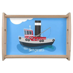 Cute fishing trawler boat cartoon illustration serving tray