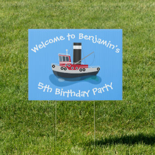 Cute fishing trawler boat cartoon illustration sign