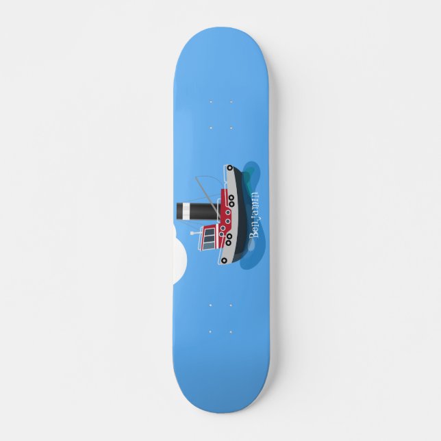 Cute fishing trawler boat cartoon illustration skateboard (Front)