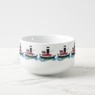 Cute fishing trawler boat cartoon illustration soup mug