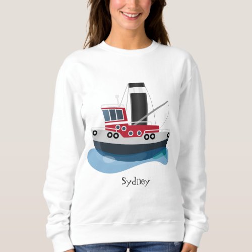 Cute fishing trawler boat cartoon illustration sweatshirt