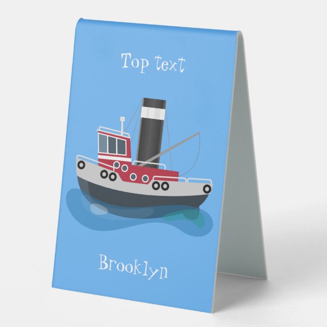 Cute fishing trawler boat cartoon illustration table tent (Front)