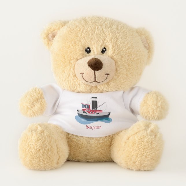 Cute fishing trawler boat cartoon illustration teddy bear (Front)