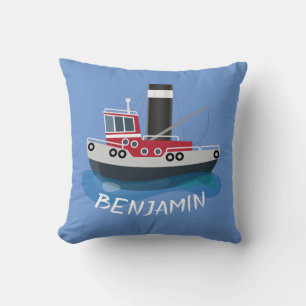 Cute fishing trawler boat cartoon illustration throw pillow