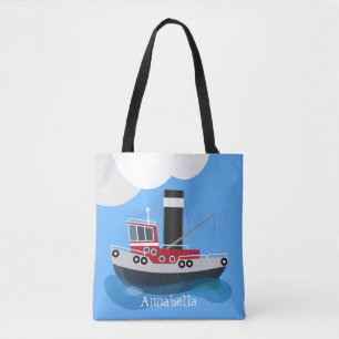 Cute fishing trawler boat cartoon illustration tote bag