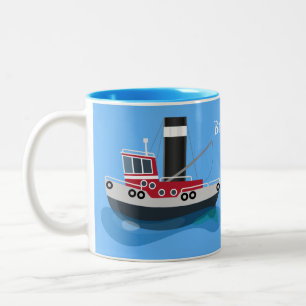Cute fishing trawler boat cartoon illustration Two-Tone coffee mug