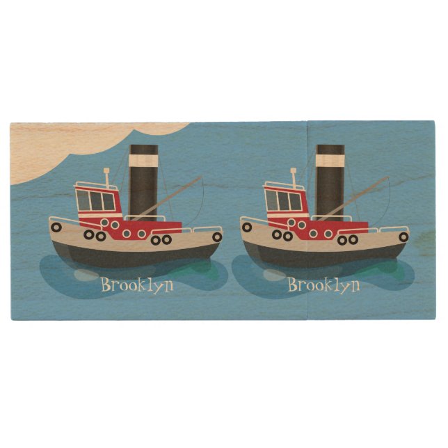 Cute fishing trawler boat cartoon illustration wood flash drive (Front)