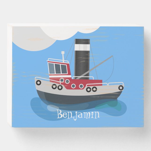 Cute fishing trawler boat cartoon illustration wooden box sign (Front Horizontal)