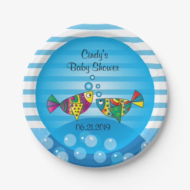 Cute Fishy Bubbles Baby Shower Theme Paper Plates (Front)