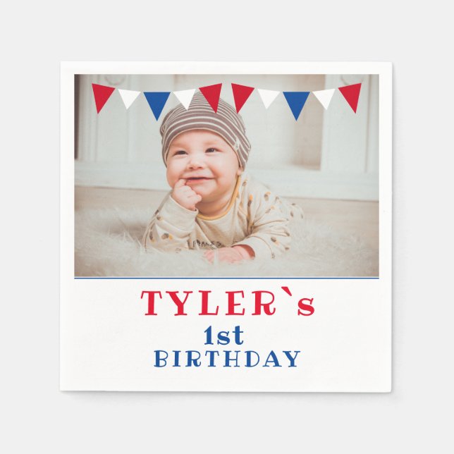 Cute Flags 1st Birthday Photo Birthday Party Napkins (Front)