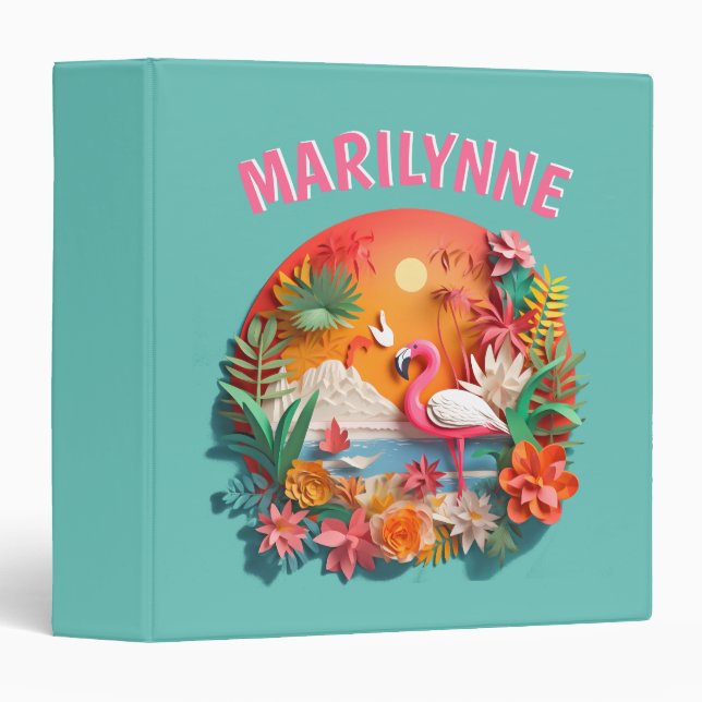 Cute Flamingo 3D Tropical Kids School 3 Ring Binder (Front/Spine)