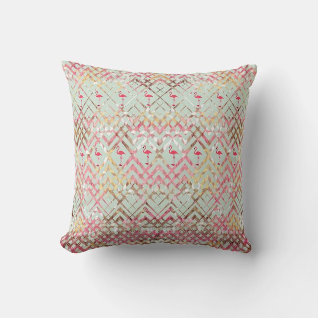 Cute Flamingo Abstract Pink Green Zigzaga Pattern Throw Pillow (Front)