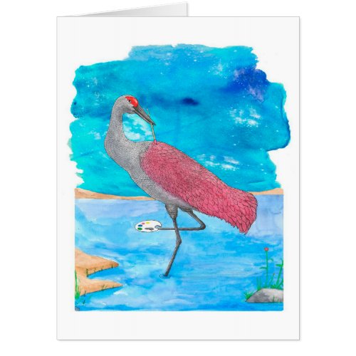 Cute Flamingo Artist Crane For Birthday  Card