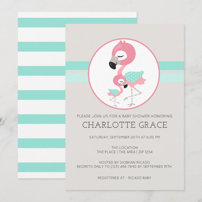 Cute Flamingo Bird Personalized Baby Shower Invitation (Front/Back)