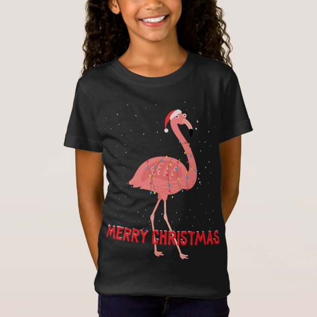 Cute flamingo Christmas Tree Lights T-Shirt (Front)