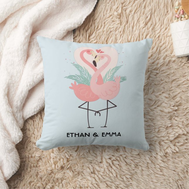 Cute Flamingo Couple Personalized Valentine's Day Throw Pillow (Blanket)
