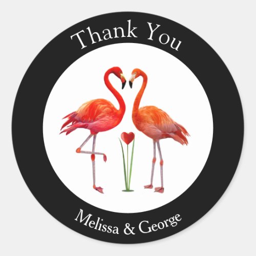 Cute Flamingo Couple Thank You on Black  White Classic Round Sticker