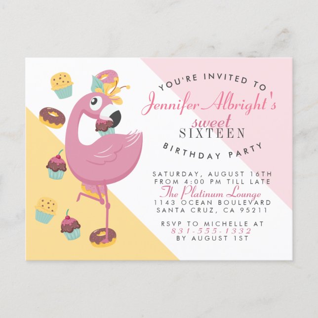 Cute Flamingo, Cupcakes & Doughnuts Sweet 16 Party Invitation Postcard (Front)