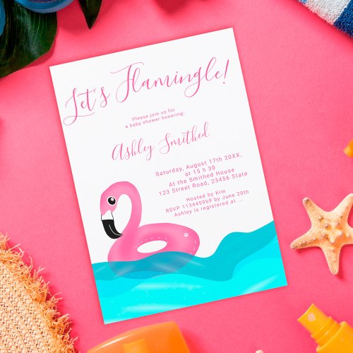 Cute flamingo floater waves beach baby shower invitation