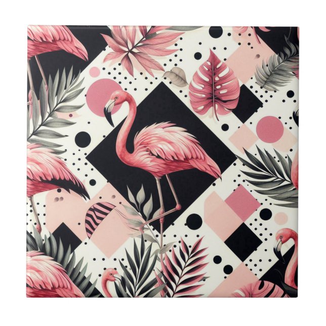 Cute Flamingo Geometric Ceramic Tile (Front)
