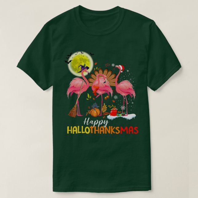 Cute Flamingo HalloThanksmas Happy Halloween Thank T-Shirt (Design Front)