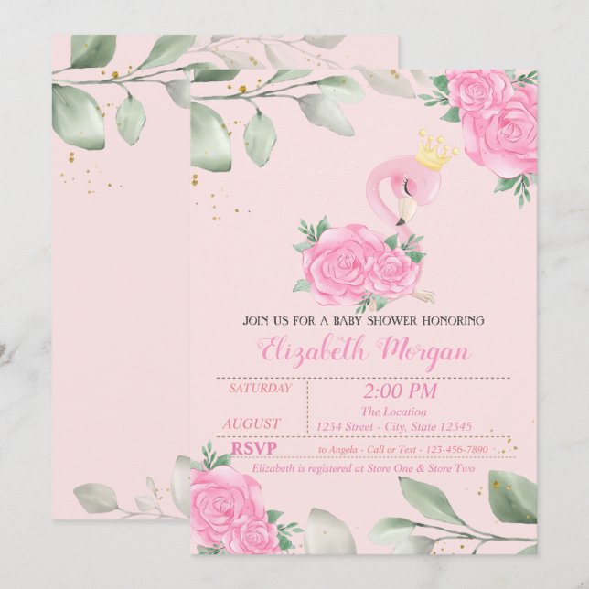 Cute Flamingo, Leaves, Floral Baby Shower Invitation (Front/Back)