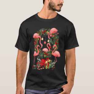 Cute Flamingo Mistletoe Wreath Merry Christmas T-Shirt