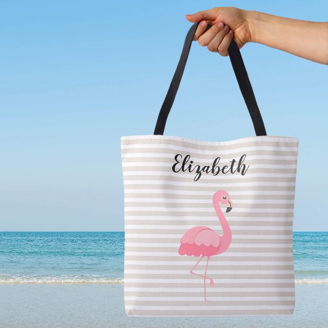 Cute Flamingo Monogram Tan Stripe Beach   Tote Bag (Cute Pink Flamingo Custom Name Tan Stripes Canvas Beach Shopping Travel Tote Bag)