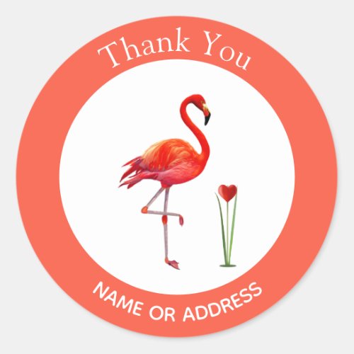 Cute Flamingo on Coral  White Thank You Classic Round Sticker