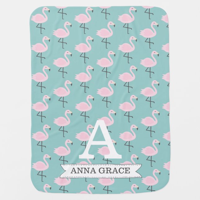 Cute Flamingo Pastel Initial Name Blanket (Front)
