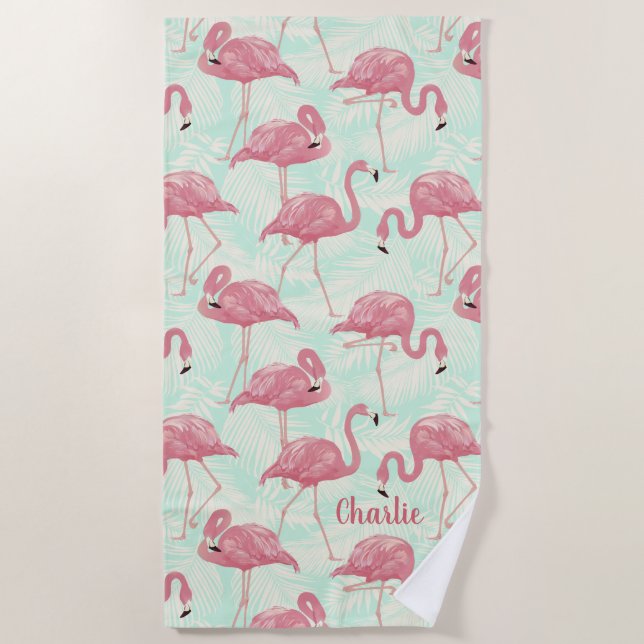 Cute Flamingo pattern custom name beach towel (Front)