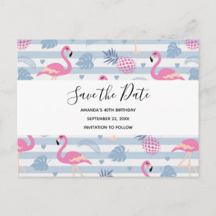 Cute Flamingo & Pineapple Pattern Save the Date Invitation Postcard