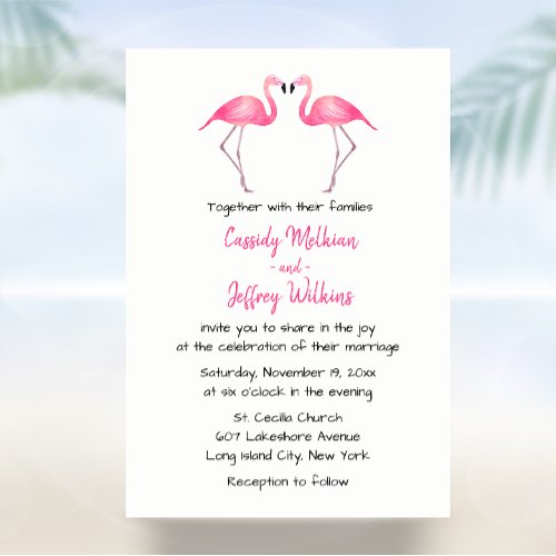 Cute Flamingo Pink Beach Summer Tropical Wedding Invitation