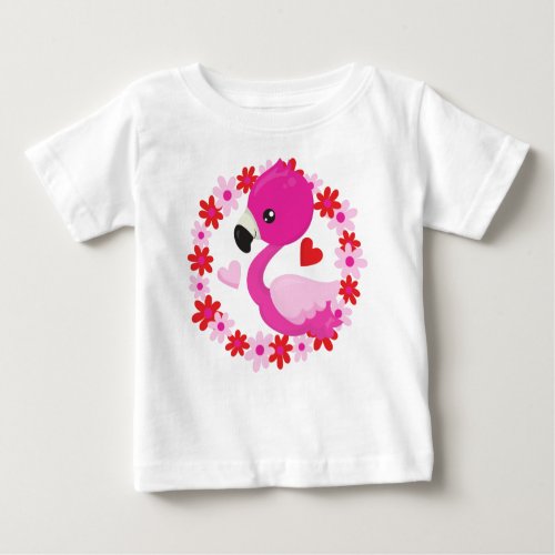 Cute Flamingo Pink Flamingo Bird Flowers Heart Baby T_Shirt
