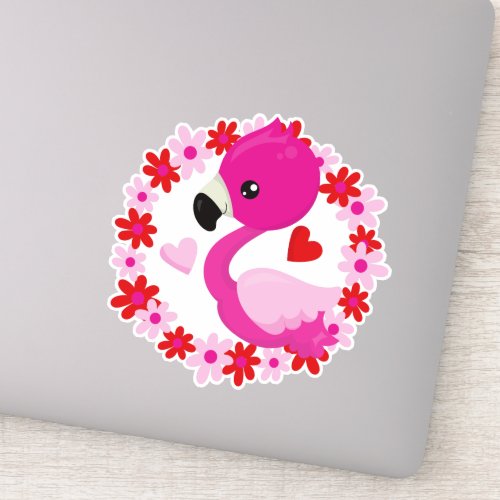 Cute Flamingo Pink Flamingo Bird Flowers Heart Sticker