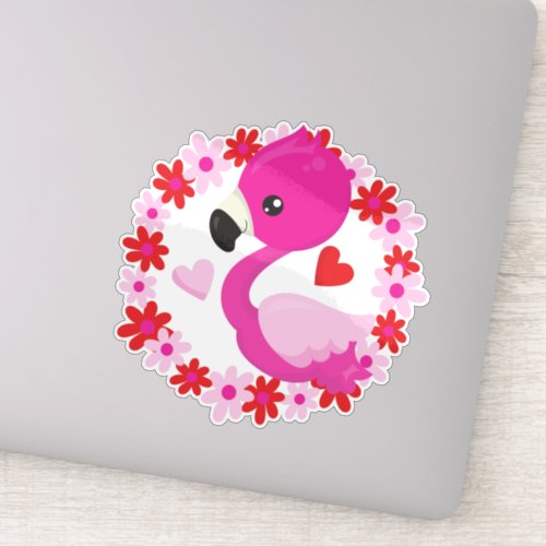 Cute Flamingo Pink Flamingo Bird Flowers Heart Sticker