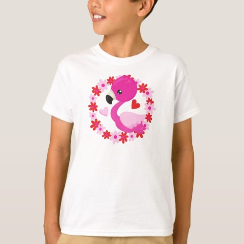Cute Flamingo Pink Flamingo Bird Flowers Heart T_Shirt