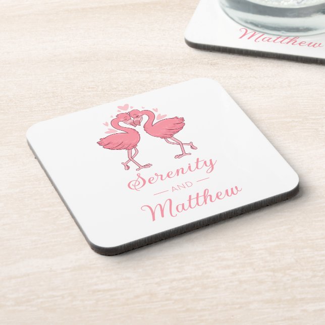 Cute Flamingo Pink Tropical Beach Wedding Beverage Coaster (Left Side)