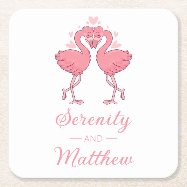 Cute Flamingo Pink Tropical Beach Wedding Square Paper Coaster (Front)