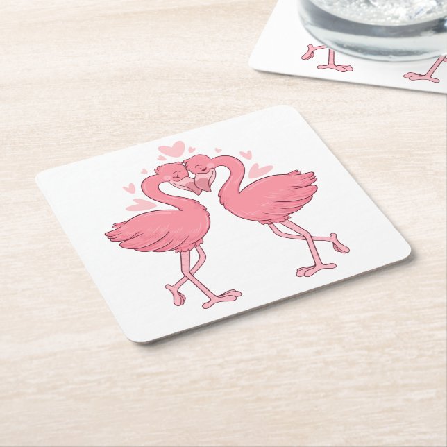 Cute Flamingo Pink Tropical Beach Wedding Square Paper Coaster (Angled)