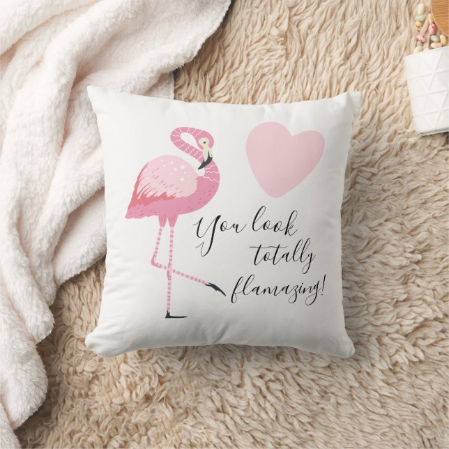 Cute Flamingo Quote Totally Flamazing Pink White Throw Pillow (Blanket)