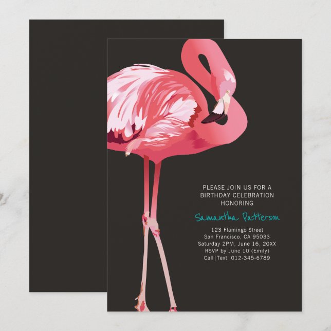 Cute Flamingo Tropical Birthday Party Invitation (Front/Back)