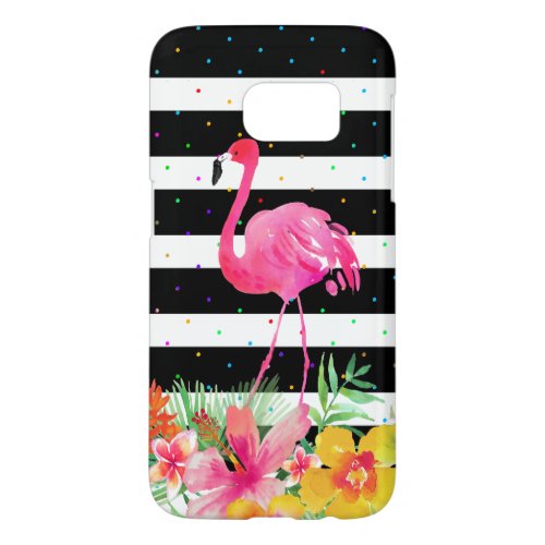 Cute Flamingo Tropical Flowers  Black Stripes Samsung Galaxy S7 Case