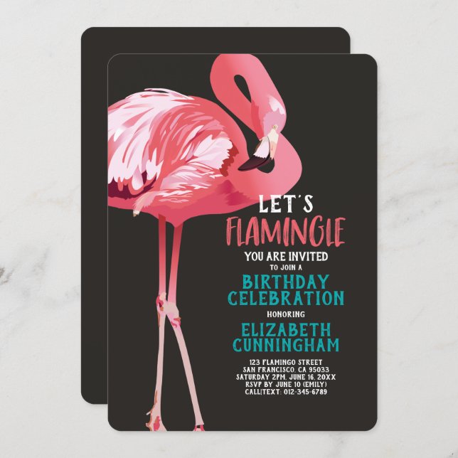 Cute Flamingo Tropical Let's Flamingle Birthday Invitation (Front/Back)