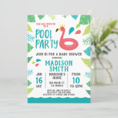 Cute Flamingo Tropical  Pool Party Baby Shower Invitation (Standing Front)
