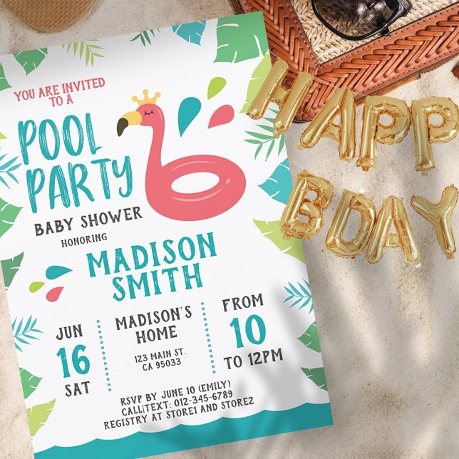 Cute Flamingo Tropical  Pool Party Baby Shower Invitation