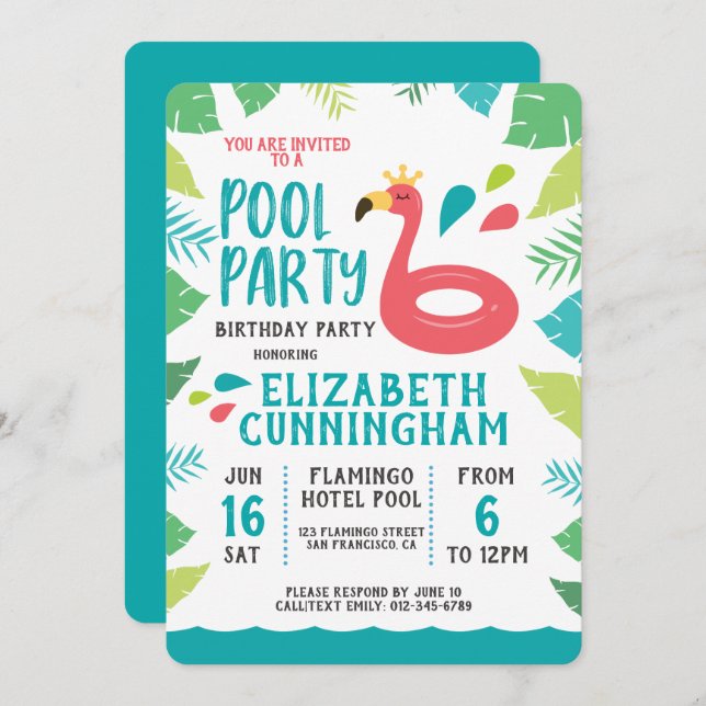 Cute Flamingo Tropical  Pool Party Birthday Invitation (Front/Back)