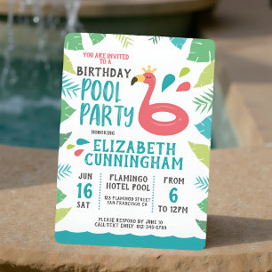 Cute Flamingo Tropical Pool Party Birthday Invitation
