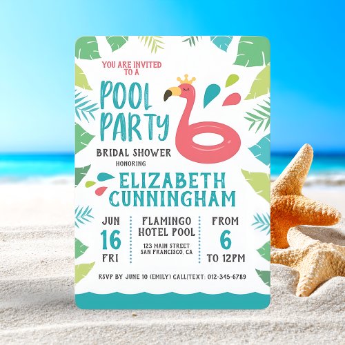 Cute Flamingo Tropical  Pool Party Bridal Shower Invitation