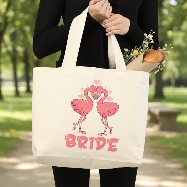Cute Flamingo Wedding Tropical Beach Bride Large Tote Bag (Creator Uploaded)